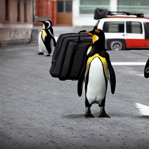 Image similar to penguins carrying school bags on the street,photorealistic