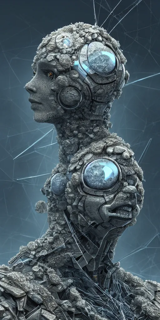 Image similar to concept art of a cybernetic insect life form, based on silica crystal on a rock background, surrounded by spirals of fog, grimy, gritty, trending on artstation, award winning painting, close portrait, cgi, art by bojan koturanovic and carel willink