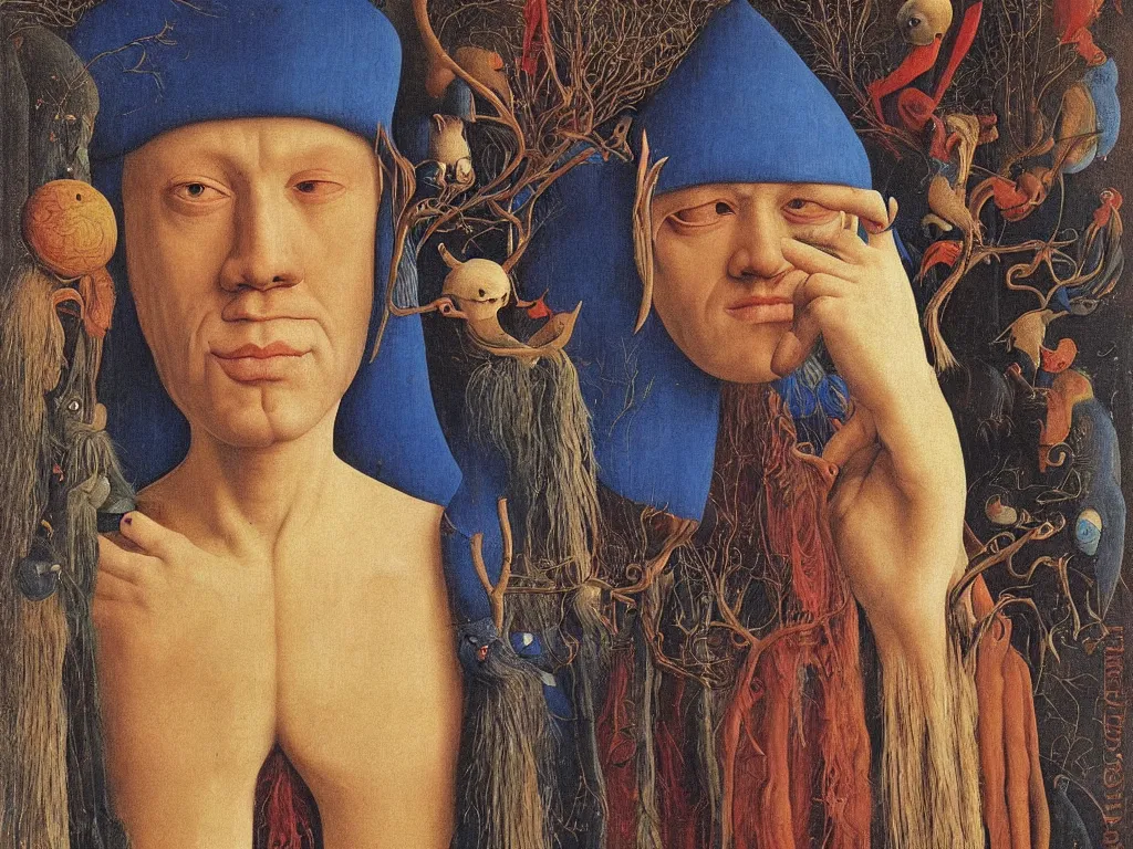 Image similar to Portrait of albino mystic with blue eyes, with beautiful exotic Siberian archaic, primitive, shamanic mask. Painting by Jan van Eyck, Audubon, Rene Magritte, Agnes Pelton, Max Ernst, Walton Ford