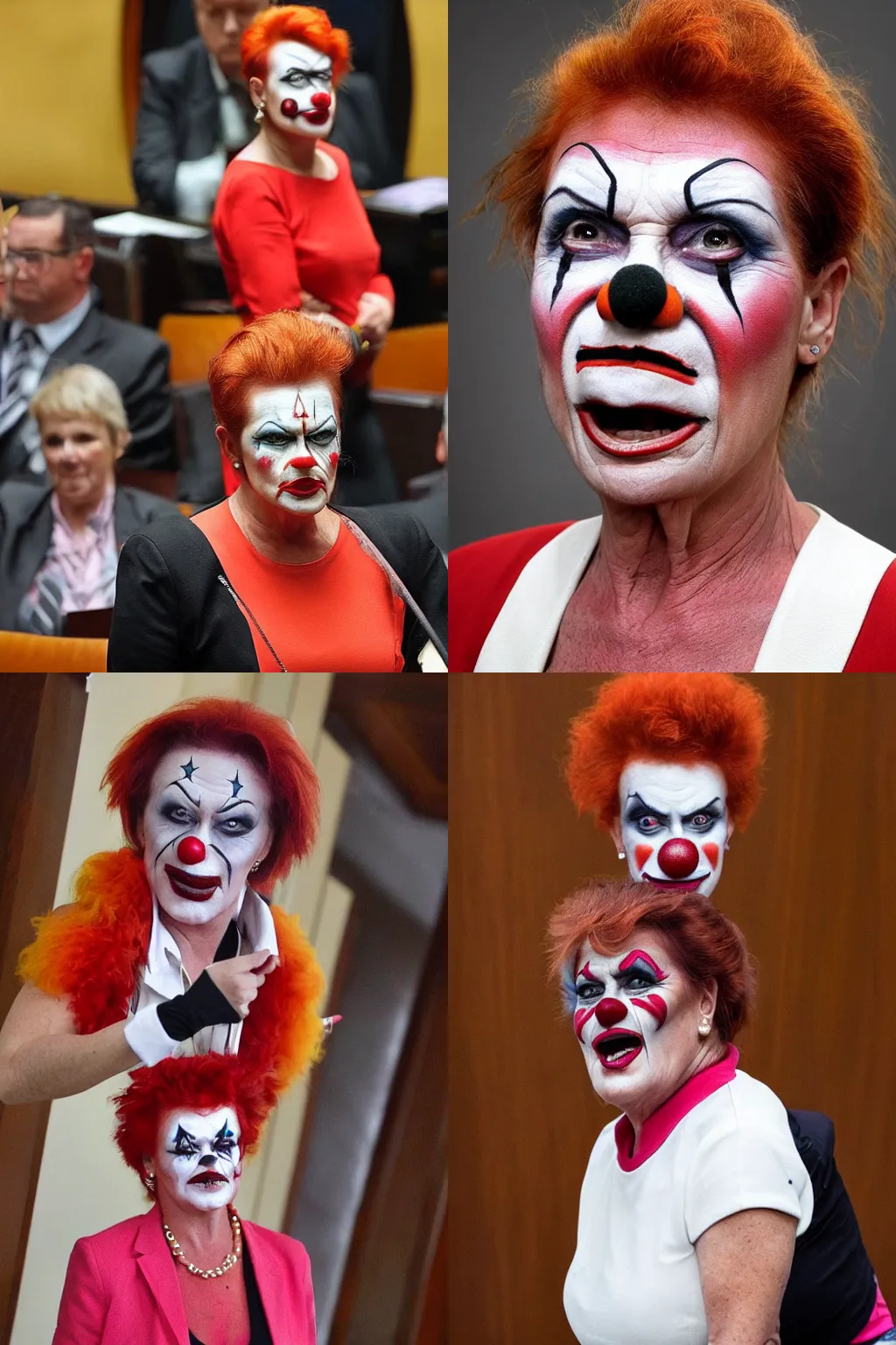 Prompt: Pauline Hanson angry wearing clown makeup, standing in the Australian senate, portrait photograph