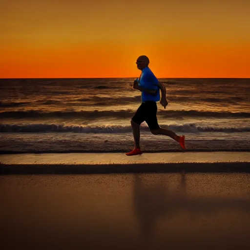 Image similar to Walter White running on the beach, artistic, 8k, cinematic, accurate, symetric, face, dramatic lighting, pastel colours