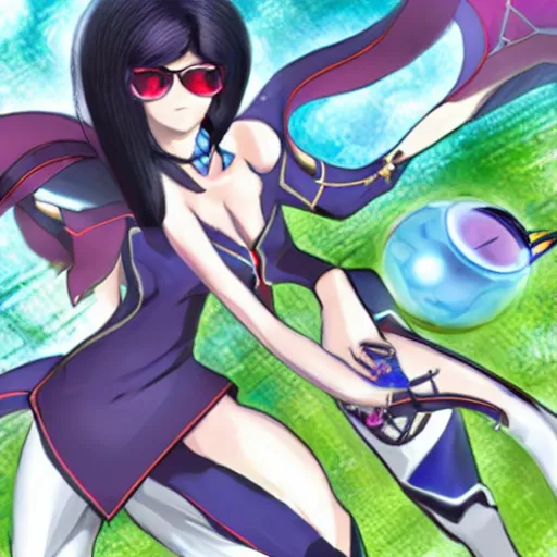 Image similar to bayonetta as a pokemon trainer, anime