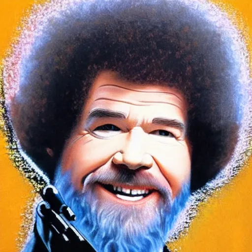 Prompt: Bob Ross painting of Bob Ross with a lightsaber