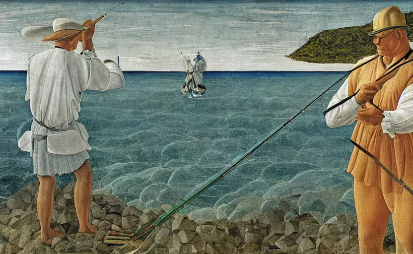 Image similar to painting of Urho Kekkonen fishing in Hawaii by Sandro Botticelli, clear texture, calm, pastel colors