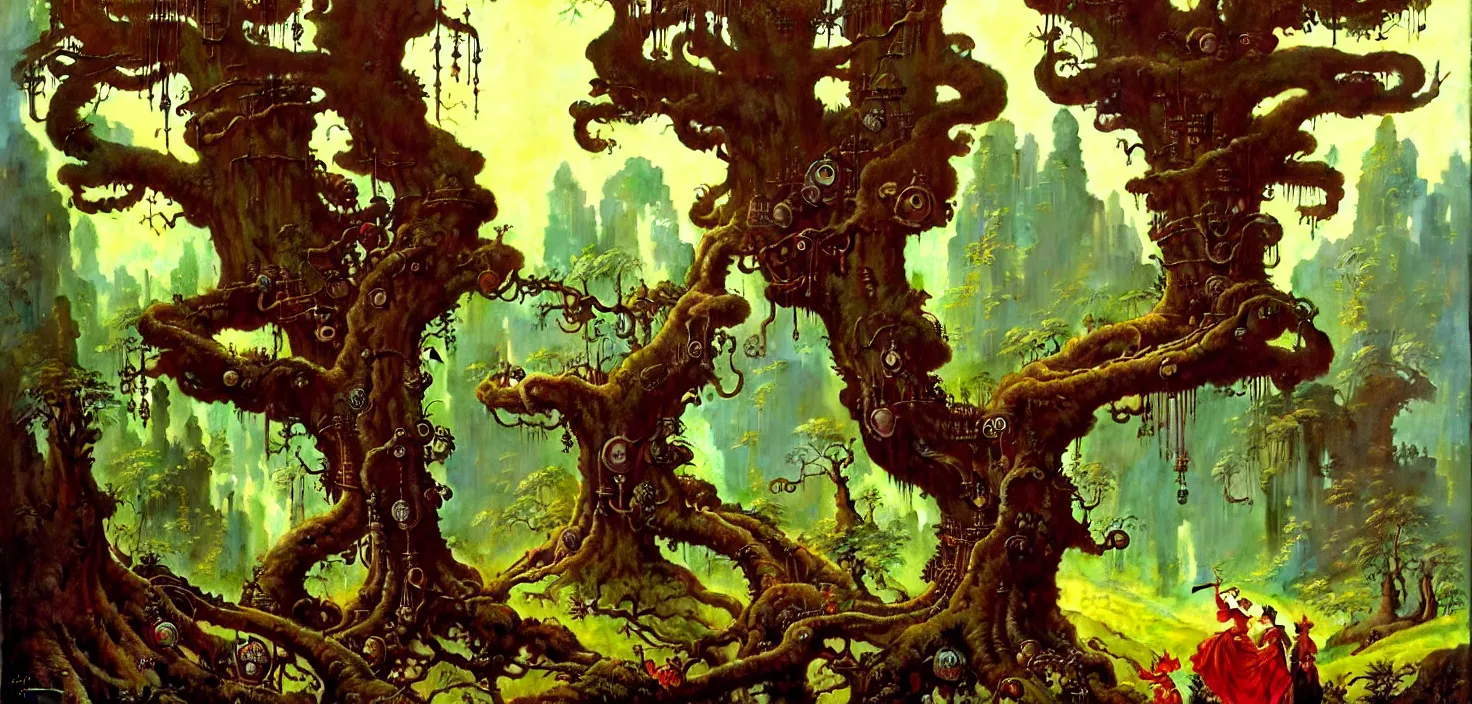 Image similar to exquisite imaginative fantasy landscape lush forests, gnarly trees, with steampunk castles movie poster by : : norman rockwell, sargent, james gurney weta studio, trending on artstation james jean frank frazetta