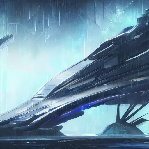 Prompt: Wild concept art for a futuristic spaceship in a cyber city during a storm