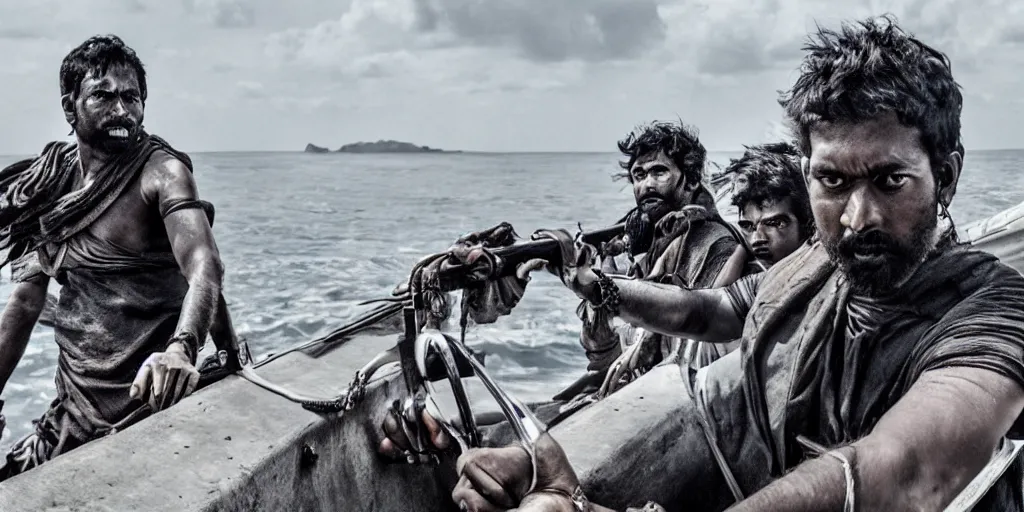 Prompt: sri lankan mad max style on boats, ocean, film still, epic shot cinematography, rule of thirds