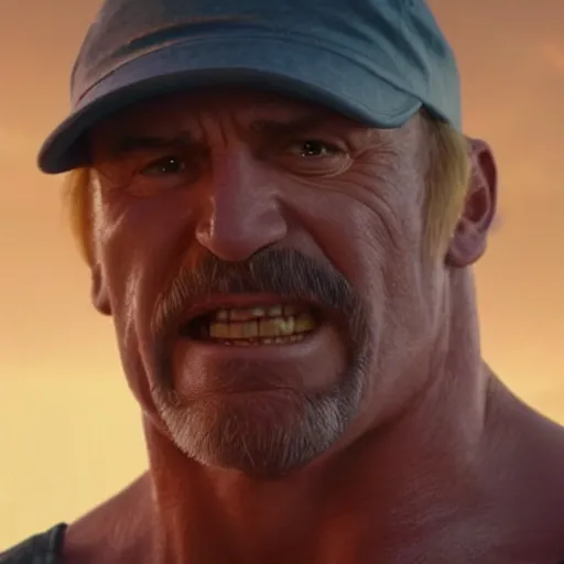 Image similar to movie still of hulk hogan from the new thunder in paradise movie, splash art, detailed face, photorealistic facial features, cinematic lighting, dramatic, octane render, long lens, shallow depth of field, bokeh, anamorphic lens flare, hyper detailed, 3 5 mm film grain