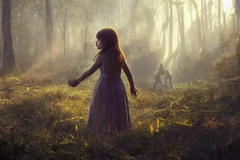 Image similar to the great beyond, sci - fi scene future new york, little girl holding a hand of a big robot, forest punk, crepuscular rays, epic scene, hyper realistic, photo realistic, overgrowth, cinematic atmosphere, ethereal lighting, style of john - waterhouse