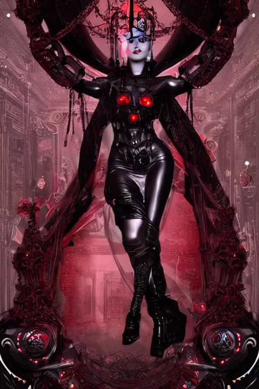 Image similar to full-body cyberpunk style sculpture of a young beautiful dark priestess, half android with a head opening exposing circuitry. glowing red eyes, black roses, flowing blood red colored silk, fabric, candles. baroque elements, human skull. full-length view. baroque element. intricate artwork by caravaggio. crows flying in background. Trending on artstation. octane render. cinematic lighting from the right, hyper realism, octane render, 8k, depth of field, 3D