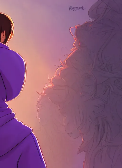 Image similar to young man in a purple hoodie, back view, messy short brown hair, colourful, natural lighting, path traced, highly detailed, high quality, cartoon, digital painting, by don bluth and ross tran and studio ghibli and alphonse mucha