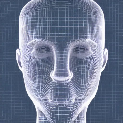 Prompt: surrealistic 3d illustration of a human face made of holographic chrome-plated material, concept of cyborg and artificial intelligence