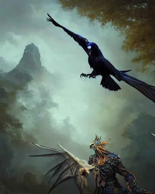 Image similar to oil painting of a Anthropomorphized raven shaman fusing with dragon, sharp focus, heroic pose, fantasy style, octane render, volumetric lighting, 8k high definition, by greg rutkowski, highly detailed, trending on art Station, magic the gathering artwork, Woodland background, centered