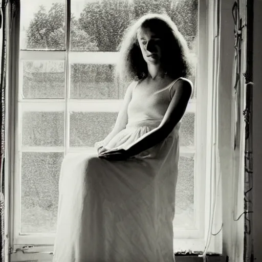 Prompt: A beautiful body art of of a woman with long curly hair, wearing a white dress and sitting in a chair in front of a window with a view of a mountainside. Tove Jansson by William Wegman harrowing