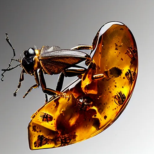 Prompt: insects completely encased in fossilized amber