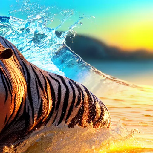 Image similar to a closeup photorealistic photograph of a cute smiling knitted tiger hippopotamus riding a wave at sunset. surf in background. professional capture. brightly lit scene. this 4 k hd image is trending on artstation, featured on behance, well - rendered, extra crisp, features intricate detail, epic composition and the style of unreal engine.