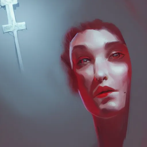 Prompt: shameless woman whis impudent facial expression, shadow of catholic church cross, elegant, dark and mysterious, atmospheric, red, trending on artstation, highly detailed, digital painting, volumetric light, concept art, illustration