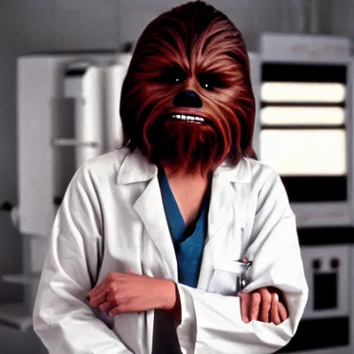 Image similar to chewbacca in the role of nurse from doctor haus movie, medical dress, white lab coat, detailed, demical outfit, in the lab, film still