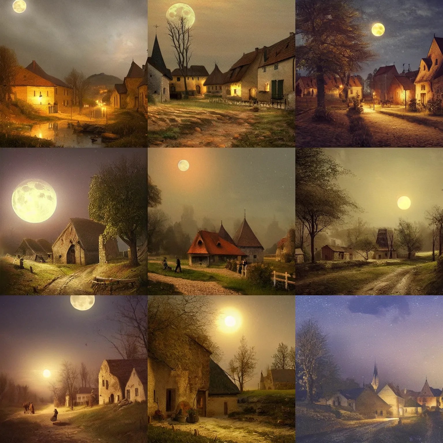 Prompt: a 1 9 th century hungarian village. atmoshperical, full moon, natural lighting, soft focus, landscape by munkacsi, csok istvan, barabas miklos and hollosy simon, trending on artstation, pinterest, louvre