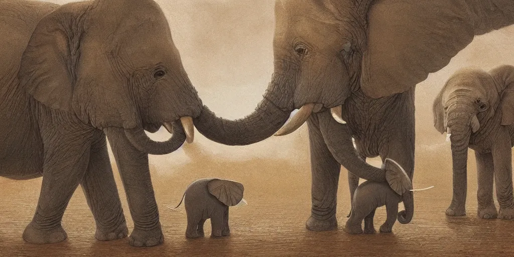 Prompt: two adult elephants comfort a baby elephant, golden hour, savannah, illustration, detailed, smooth, soft, warm, by Adolf Lachman, Shaun Tan, Surrealism