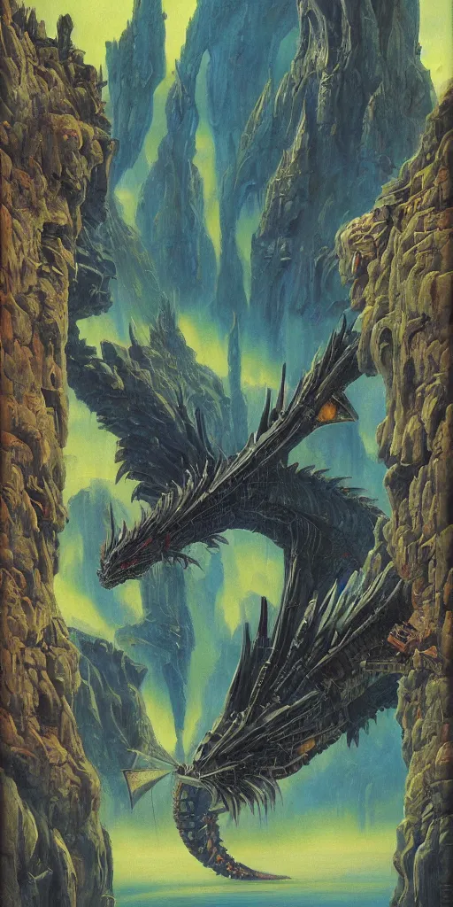 Prompt: a relaxing epic oil painting of a cyberpunk dragon by roger dean in the style of romanticism art, 8 k