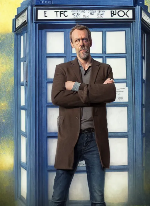 Image similar to still portrait of hugh laurie standing next to the tardis from doctor who, au naturel, hyper detailed, digital art, trending in artstation, cinematic lighting, studio quality, smooth render, unreal engine 5 rendered, octane rendered, art style by klimt and nixeu and ian sprigger and wlop and krenz cushart.