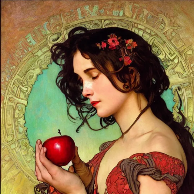 Image similar to an aesthetic! detailed close - up portrait of an aesthetic woman crying mournfully while holding an apple, by frank frazetta and alphonse mucha, oil on canvas, bright colors, art nouveau, epic composition, dungeons and dragons fantasy art, hd, god - rays, ray - tracing, crisp contour - lines, huhd - 8 k