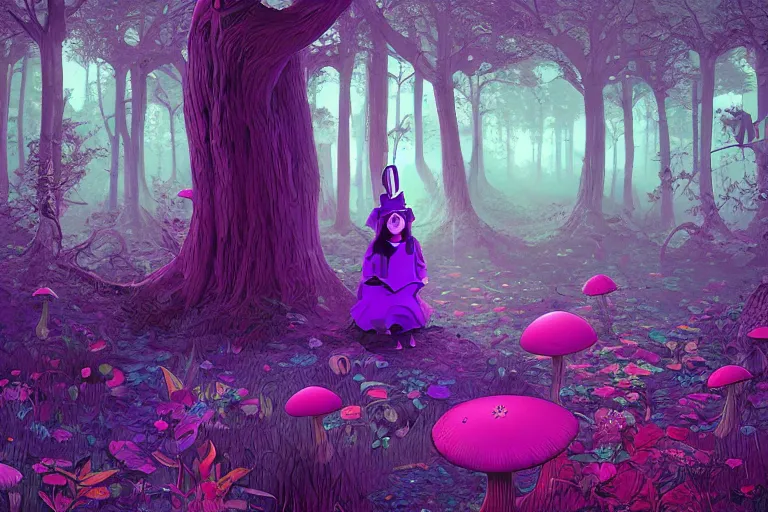 Prompt: alice in wonderland digital illustration by ilya kuvshinov, cheshire cat in a surreal psychedelic mushroom forest by beeple