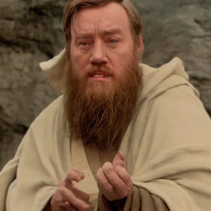 Prompt: obi wan kenobi but obese!!, photoralistic rendering, movie still, screenshot, hyperdetailed