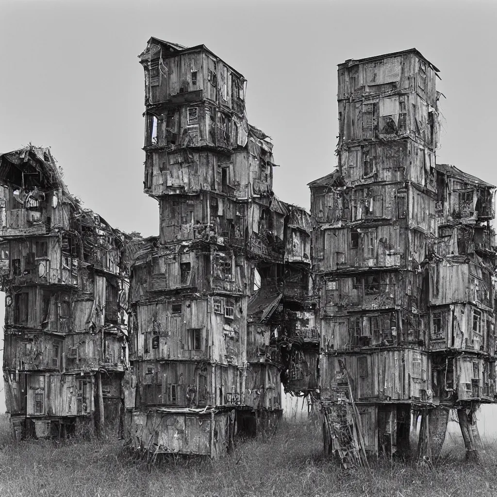 Image similar to two giant towers, made up of makeshift squatter shacks, misty, dystopia, mamiya rb 6 7, fully frontal view, very detailed, photographed by ansel adams