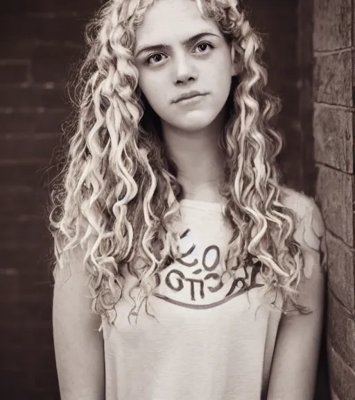 Image similar to a professional 8 5 mm highly detailed portrait of annabeth chase, a caucasian eighteen year old girl that looks like a california valley girl, intense stormy gray eyes, blonde curly hair, professional photography, midday lighting, defiant, beautiful