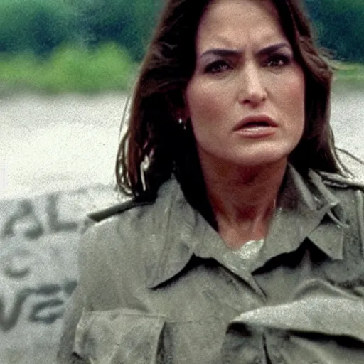 Prompt: film still, close up, mariska hargitay as olivia benson rising out of muddy vietnam river holding her badge, face covered in mud, low camera angle at water level, night time, film still from apocalypse now ( 1 9 7 9 ), 2 6 mm.