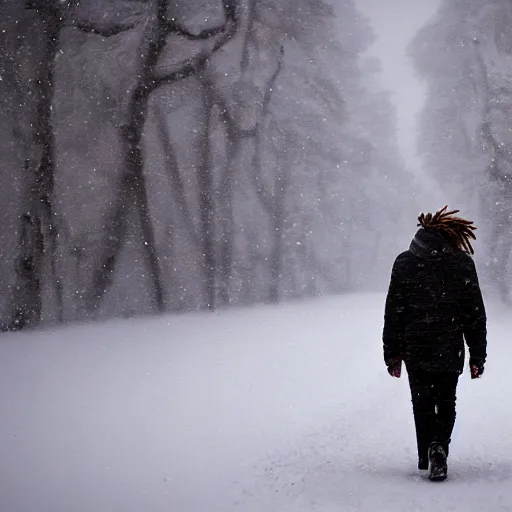 Prompt: a boy with colored dread hair walking in snow, 6 : 3 0 am, painted by michelangelo