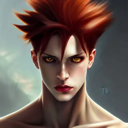 Prompt: portrait of hisoka morow hunter hunter, male, very thin pursed lips extremely sharp jaw yellow eyes narrow almond eyes sultry eyes dark red hair soft hair swept back crimson hair, anime, elegant, highly detailed, digital painting, artstation sharp focus, madonna bowie art by artgerm and greg rutkowski and alphonse mucha