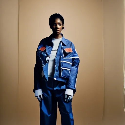 Image similar to realistic photoshooting for a new balenciaga lookbook, color film photography, portrait of a beautiful woman, model is wearing a workwear jacket, photo in style of tyler mitchell, 3 5 mm,