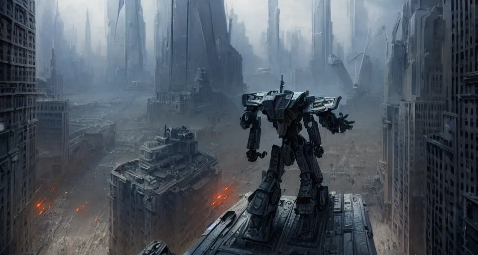 Image similar to hyper realistic sci - fi matte concept art painting of mecha standing on top of a building overlooking war in the streets, beautiful details, strong composition painted by kim jung guweta studio rutkowski, james gurney and greg rutkowski, and lucasfilm, smooth, intricate, detailed, sharp focus, cinematic