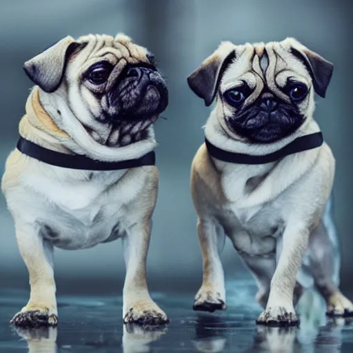 Image similar to pugs with armor, reflections, shiny, Excalibur,