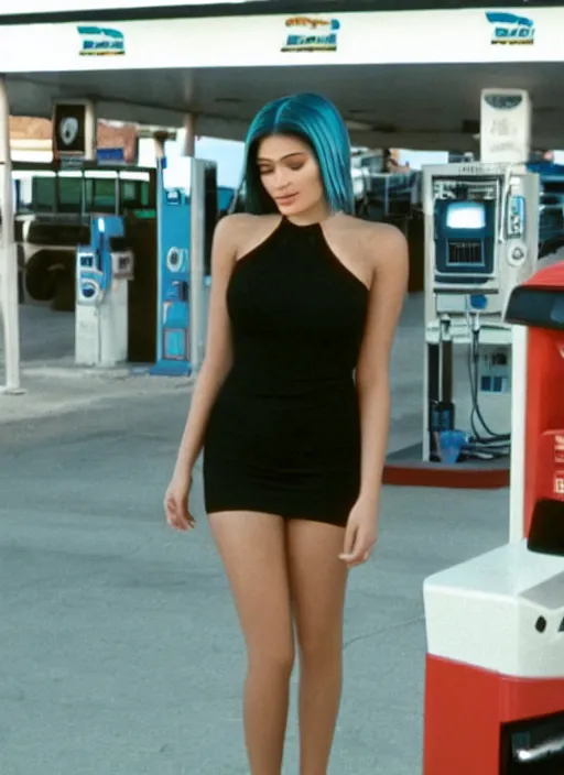 Prompt: a pov, color cinema film still of kylie jenner at a gas station, ambient lighting at night, from better call saul ( 1 9 9 9 ).