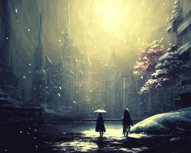 Image similar to scenery artwork, scene beautiful, light!! light essential calm and cozy winter world snow and night, surrealism oil on canvas, artstation!! pixiv!! dream scenery, quality nier : automata projection render, nier automata concept art, vaporwave textures