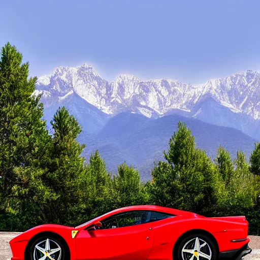 Prompt: a beautiful ferrari park next to a tree it's a sunny day with no cloud in the sky and there is one road next to the car the background is a view of mountains professional photograph