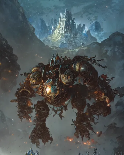 Image similar to topaz golem still frame from warhammer movie, legendary magical crystal construct by esher, crystal golem fighting vast army by jakub rozalski, topaz lightning elemental by peter mohrbacher