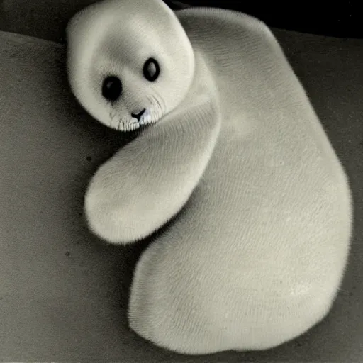 Prompt: an elvin stone engraving of a baby harp seal demigod, museum photo