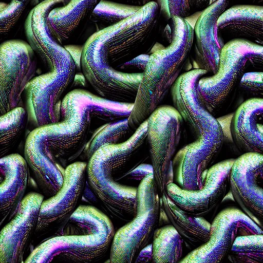 Image similar to highly textured iridescent-pearlescent-black-snakes wrapped around each other, 3D, digital art, octane render, blender cycles, photorealistic, sharpened, repeating patterns, 4k-ultra-hd, high dynamic range