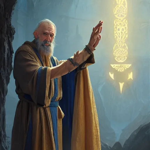 Image similar to A middle aged elf, wrinkled olive skin and a raised hand, long beard, blue robes with clocks on, detailed face, highly detailed, cinematic lighting, digital art painting by greg rutkowski.