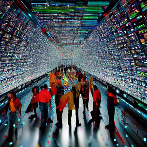 Image similar to diverse groups of humans destroying the supercomputer, from behind, rebirth, beauty, wide angle, elaborate, wet, highly detailed, colors, beautiful lighting