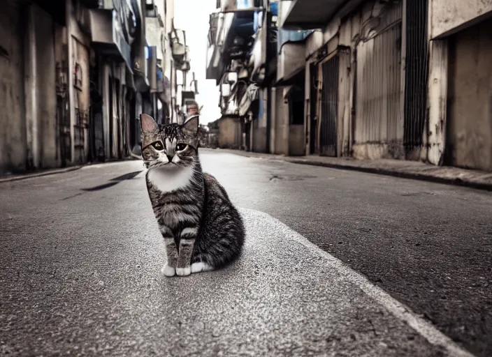 Prompt: photography of a Cat sitting on a box. in a cyberpunk street, award winning photo, colors, 100mm, sharp, high res