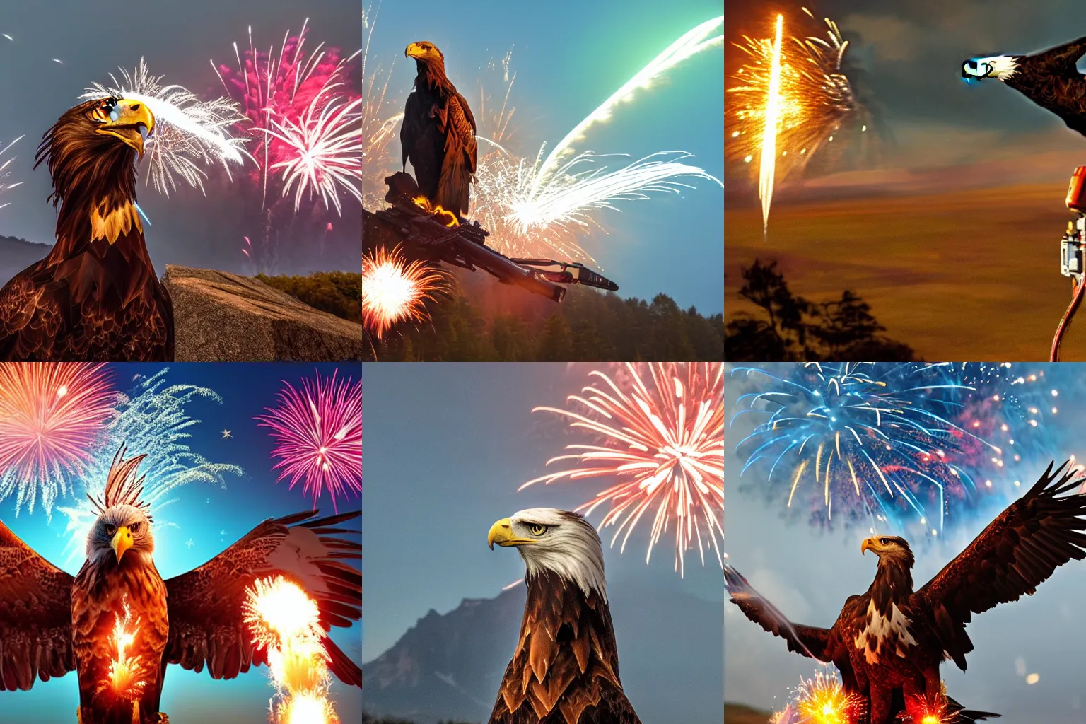 Prompt: a portrait of an eagle with a mohawk and flamethrower in a scenic environment with fireworks in the background