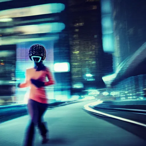 Prompt: editorial photo of a woman wearing scifi helmet running motion blur, cyberpunk night, city, raining