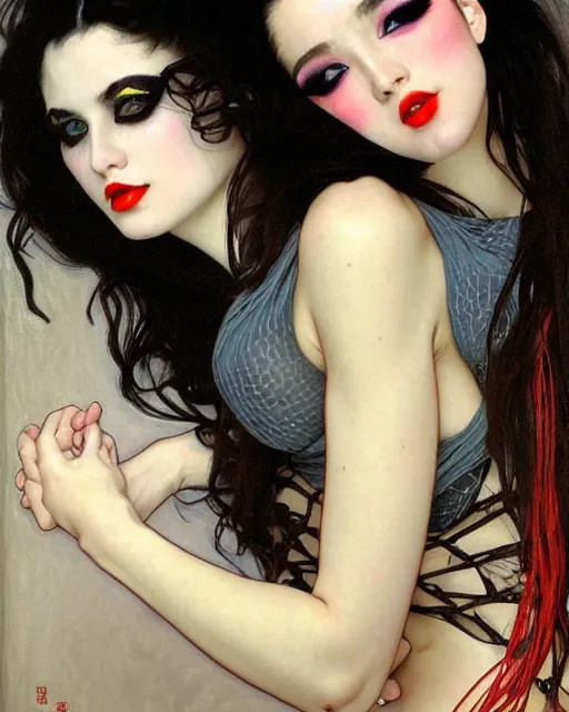 Prompt: portrait painting of two sexy young pale black long haired fishnet dressed super model girls squating, squats, super modeling, super models, symmetrical, modeling, corset, pastel makeup, black hair, red lips, inner glow, fishnet, beautiful detailed face, art by tian zi and yuxiang chen and alphonse mucha and greg rutkowski and wlop and peter andrew jones
