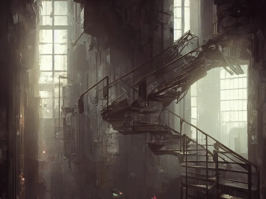 Image similar to a cellar staircase, cyberpunk style, digital painting, concept art, smooth, sharp focus, hyperrealistic, illustration, artstation trending, octane render, unreal engine, ambient light, dynamic lighting, magical, dark vibes, Cyberpunk 2077